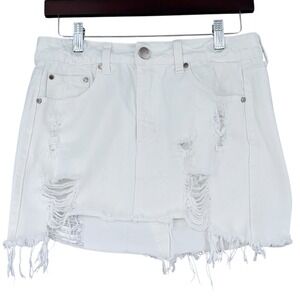 LITZ Premium Denim Brand White Ripped Distressed Mini Skirt‎ Size S